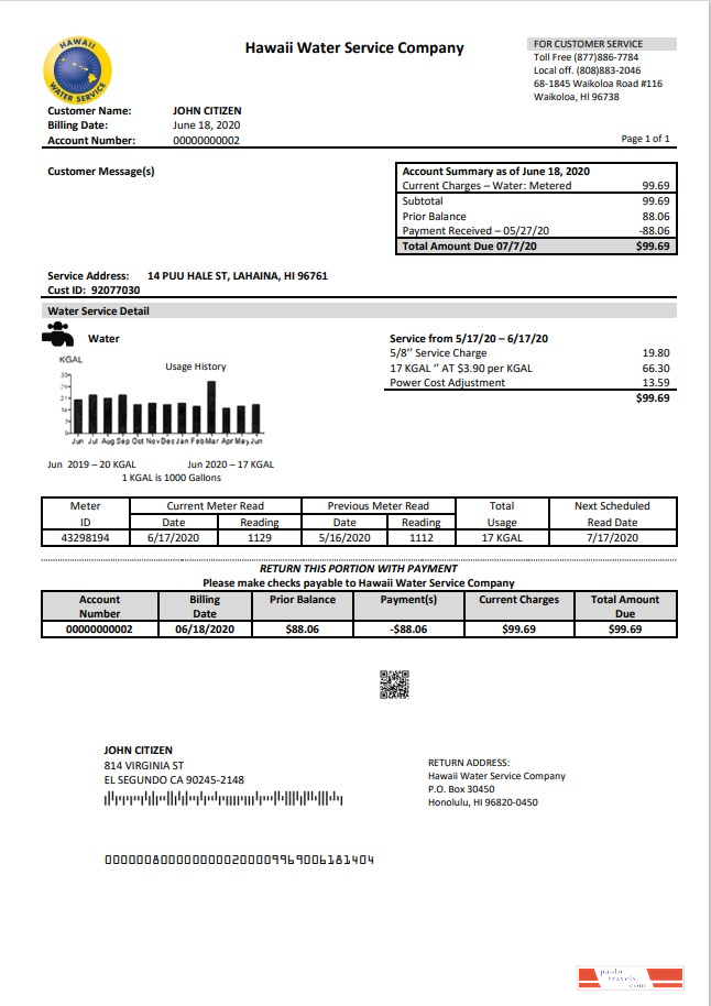 USA Hawaii Water Service Company utility bill template in Word and PDF (.doc and .pdf) format